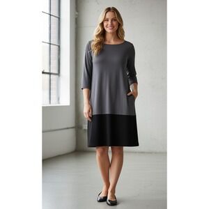 Eileen Fisher Shift Dress Womens Medium Black Gray Stretch Scoop Neck Minimalist